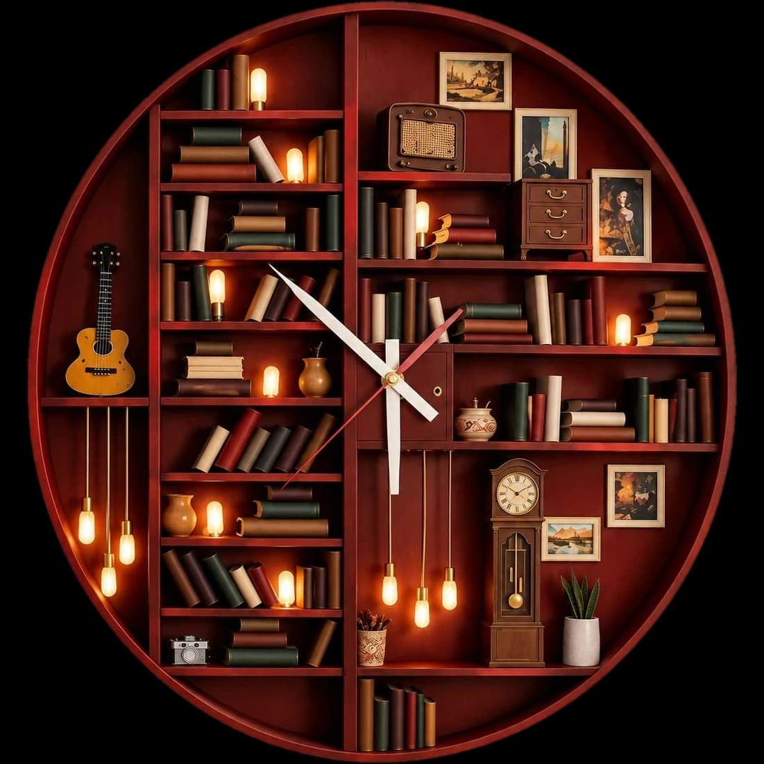 ساعت دیواری کتابخانه‌ای تایگا با قفسه‌های کتاب و لامپ‌های روشن